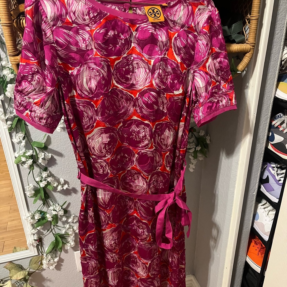 Tory Burch Pink Wrap Midi Dress with Tie Front
